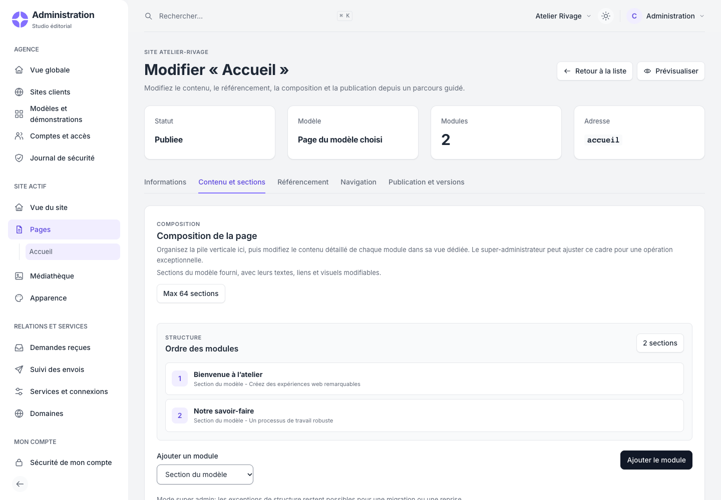 L’éditeur CMSymfony permet de modifier les textes et les sections d’une page avant publication.