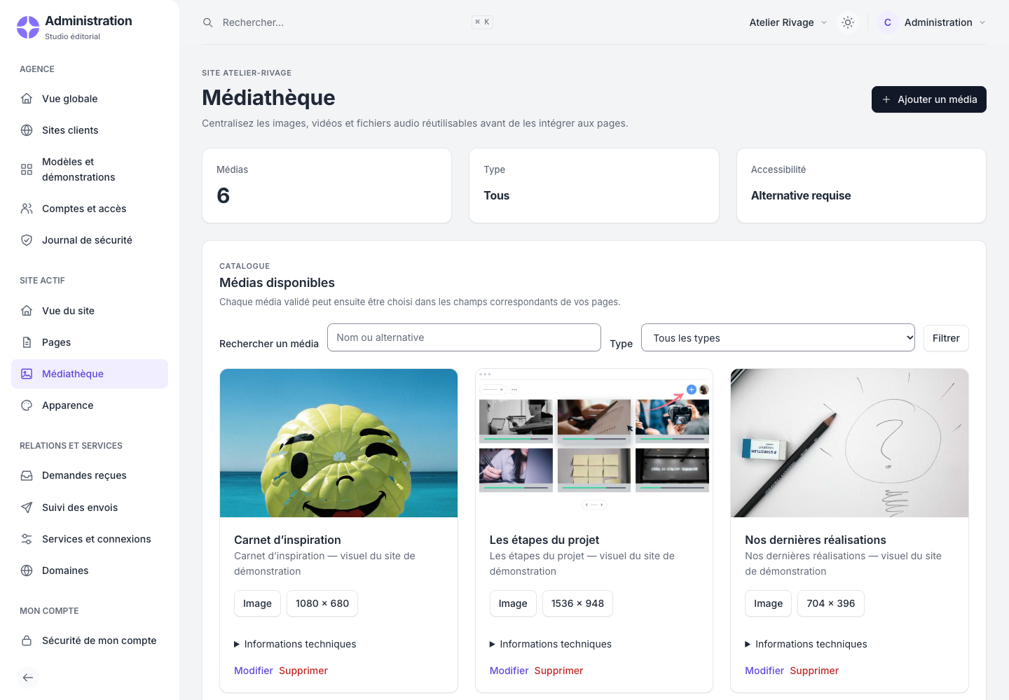 La médiathèque CMSymfony regroupe les images du site et leurs descriptions.